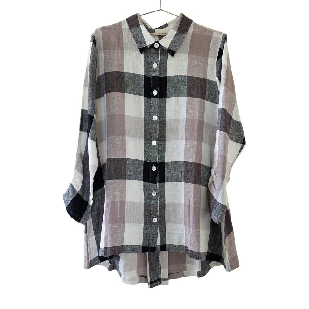 Soft Surroundings Plaid Buttondown Linen Blouse Black Taupe White Women Size XL